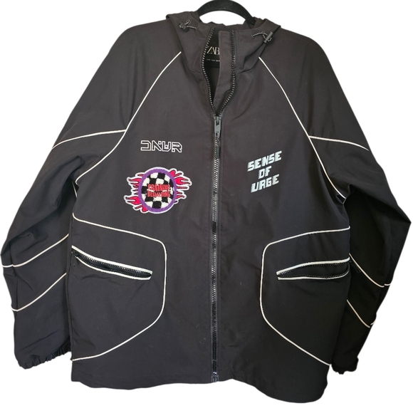 Zara Black Varsity Jacket with White Accents and Graphic Details - Picture 2 of 10